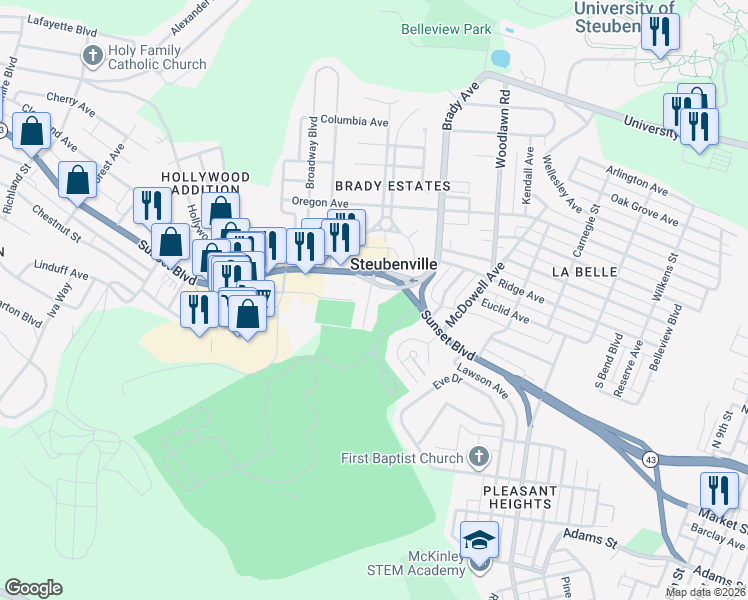 map of restaurants, bars, coffee shops, grocery stores, and more near 123 Langley Avenue in Steubenville
