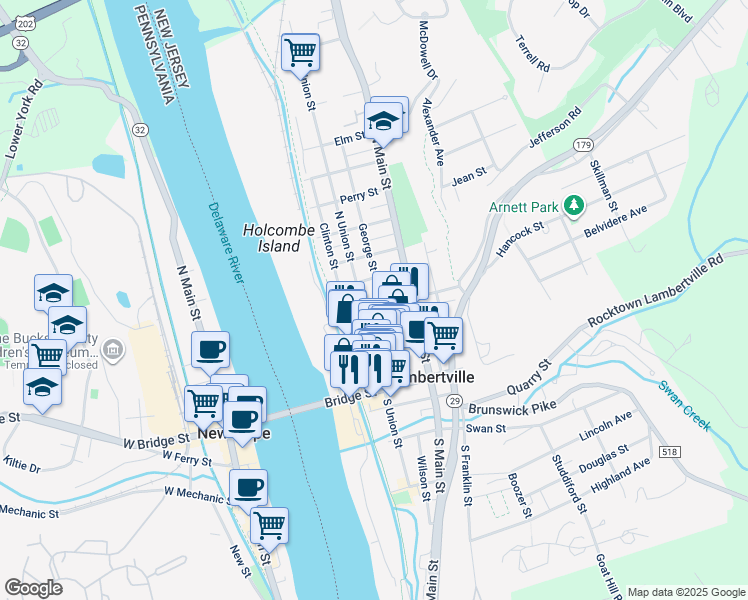 map of restaurants, bars, coffee shops, grocery stores, and more near 26 York Street in Lambertville