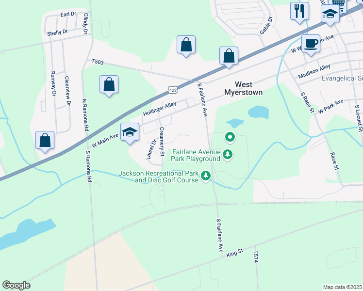 map of restaurants, bars, coffee shops, grocery stores, and more near 7 Park View Drive in Myerstown