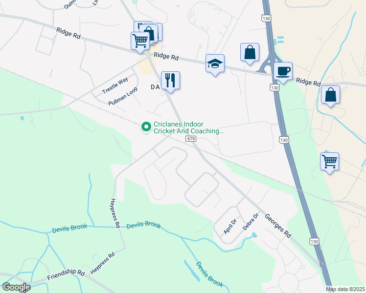 map of restaurants, bars, coffee shops, grocery stores, and more near 22 Liberty Drive in South Brunswick Township