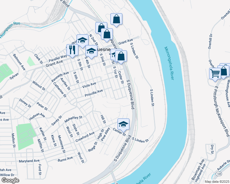 map of restaurants, bars, coffee shops, grocery stores, and more near 428 South 2nd Street in Duquesne