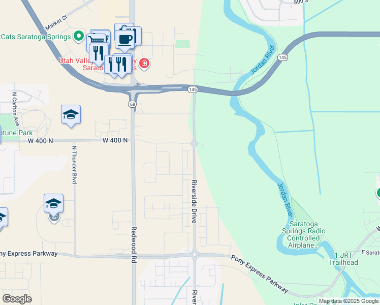 map of restaurants, bars, coffee shops, grocery stores, and more near 357 North Riverside Drive in Saratoga Springs