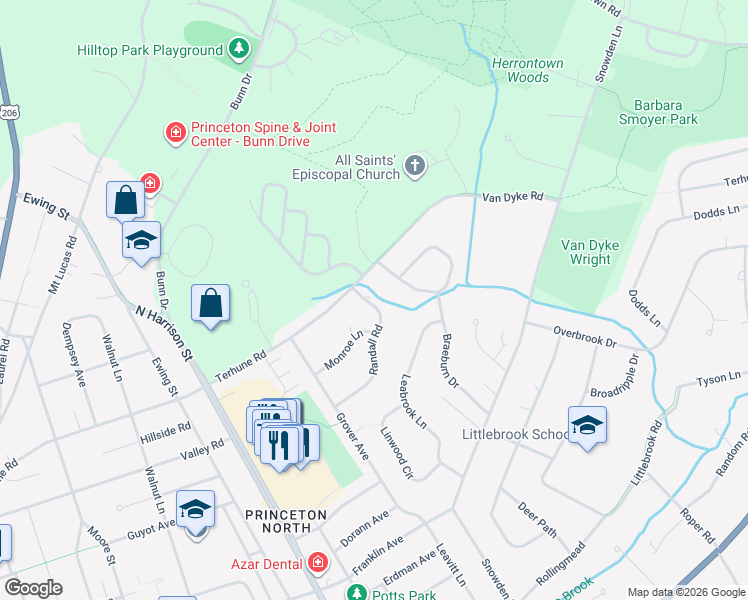 map of restaurants, bars, coffee shops, grocery stores, and more near 131 Randall Road in Princeton