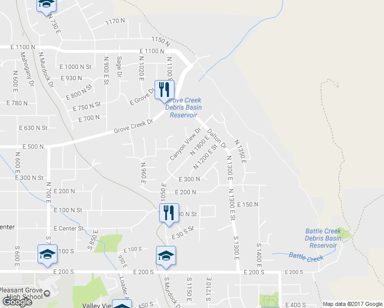 map of restaurants, bars, coffee shops, grocery stores, and more near 300 North 1800 East in Pleasant Grove