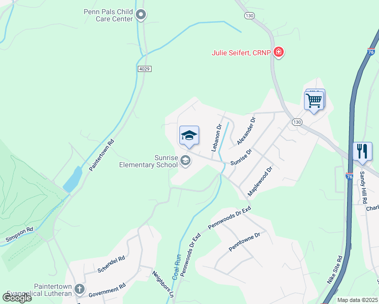 map of restaurants, bars, coffee shops, grocery stores, and more near 171 Sunrise Drive in Irwin