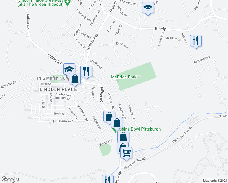map of restaurants, bars, coffee shops, grocery stores, and more near 5414 Fredanna Street in Pittsburgh