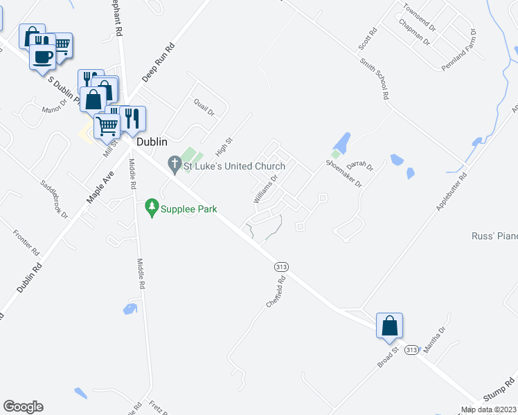 map of restaurants, bars, coffee shops, grocery stores, and more near 10 Croft Drive in Fountainville