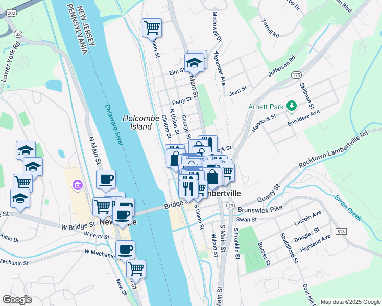 map of restaurants, bars, coffee shops, grocery stores, and more near 54 George Street in Lambertville