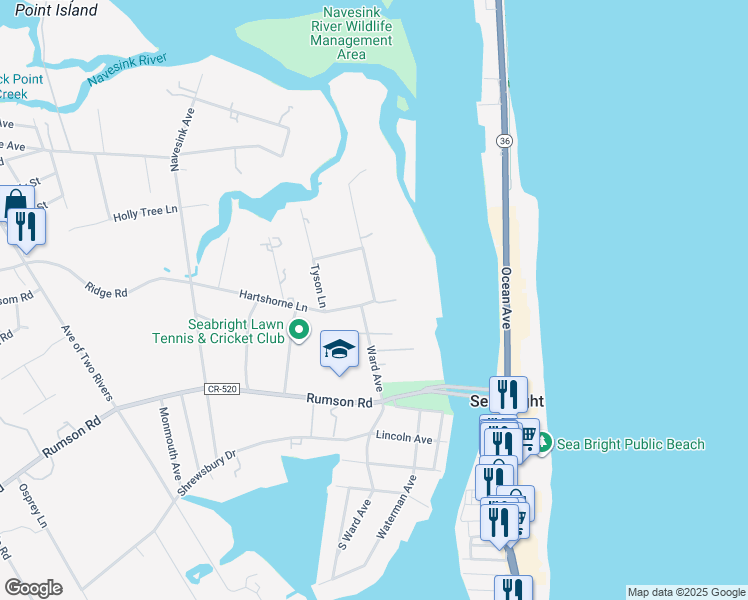 map of restaurants, bars, coffee shops, grocery stores, and more near 27 North Ward Avenue in Rumson