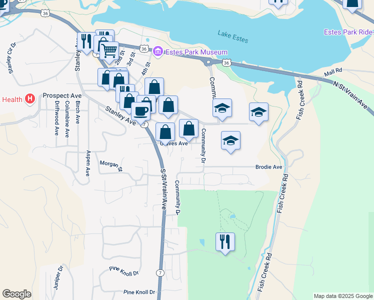 map of restaurants, bars, coffee shops, grocery stores, and more near 625 Community Drive in Estes Park