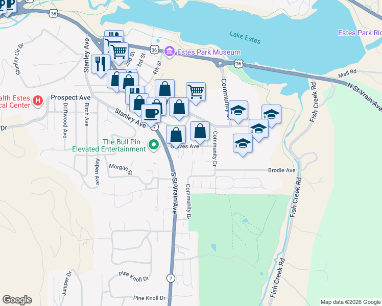 map of restaurants, bars, coffee shops, grocery stores, and more near 663 Halbach Lane in Estes Park