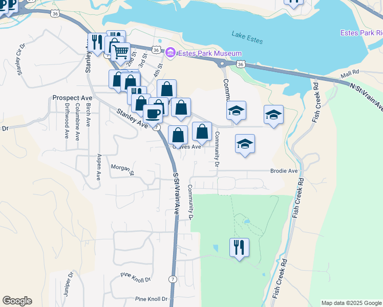 map of restaurants, bars, coffee shops, grocery stores, and more near 663 Halbach Lane in Estes Park