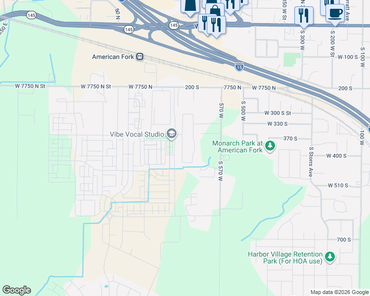 map of restaurants, bars, coffee shops, grocery stores, and more near 7573 North 6500 West Street in American Fork