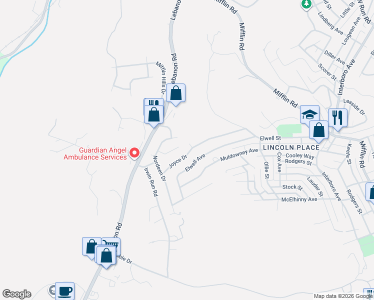map of restaurants, bars, coffee shops, grocery stores, and more near 740 Joyce Drive in West Mifflin
