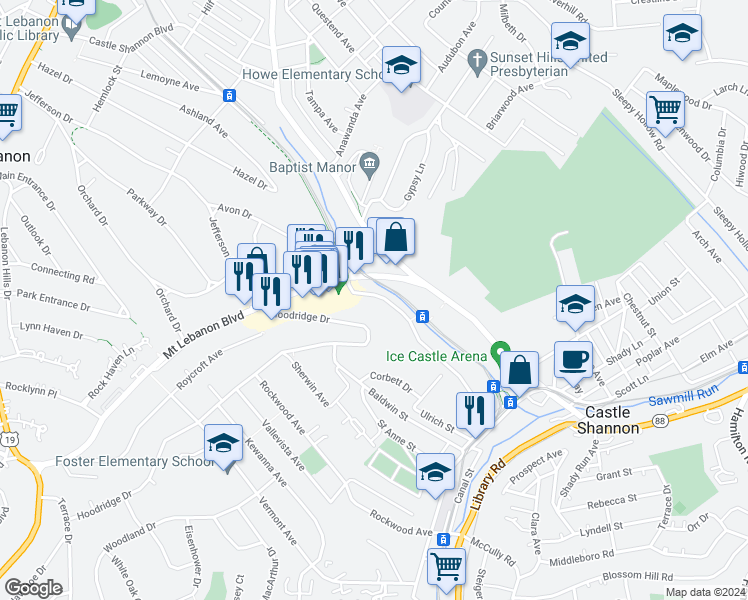 map of restaurants, bars, coffee shops, grocery stores, and more near 500 Hoodridge Drive in Castle Shannon