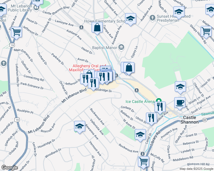 map of restaurants, bars, coffee shops, grocery stores, and more near 417 Hoodridge Drive in Castle Shannon