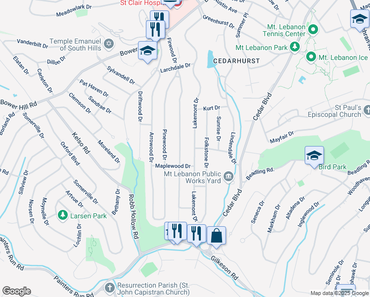 map of restaurants, bars, coffee shops, grocery stores, and more near 1242 Lakemont Drive in Pittsburgh