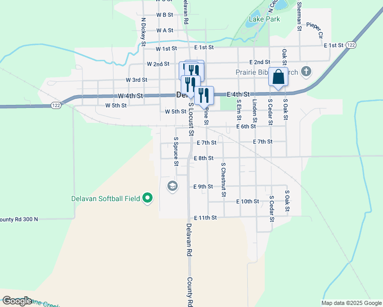 map of restaurants, bars, coffee shops, grocery stores, and more near 804 Locust Street in Delavan