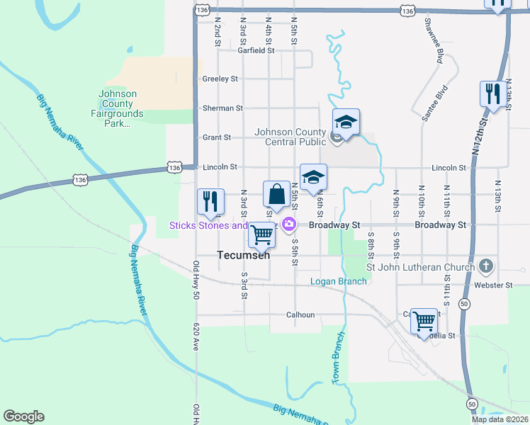 map of restaurants, bars, coffee shops, grocery stores, and more near 301-399 Broadway Street in Tecumseh