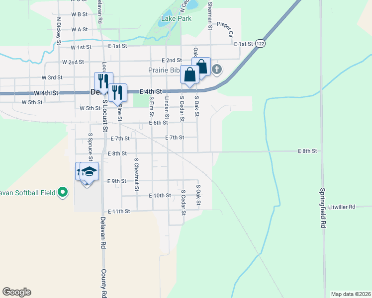 map of restaurants, bars, coffee shops, grocery stores, and more near 608 East 8th Street in Delavan