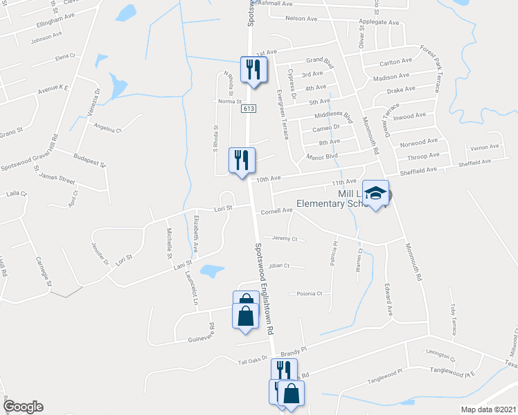 map of restaurants, bars, coffee shops, grocery stores, and more near 1 Cornell Avenue in Monroe Township