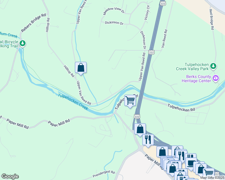 map of restaurants, bars, coffee shops, grocery stores, and more near 1388 Upper Van Reed Road in Reading