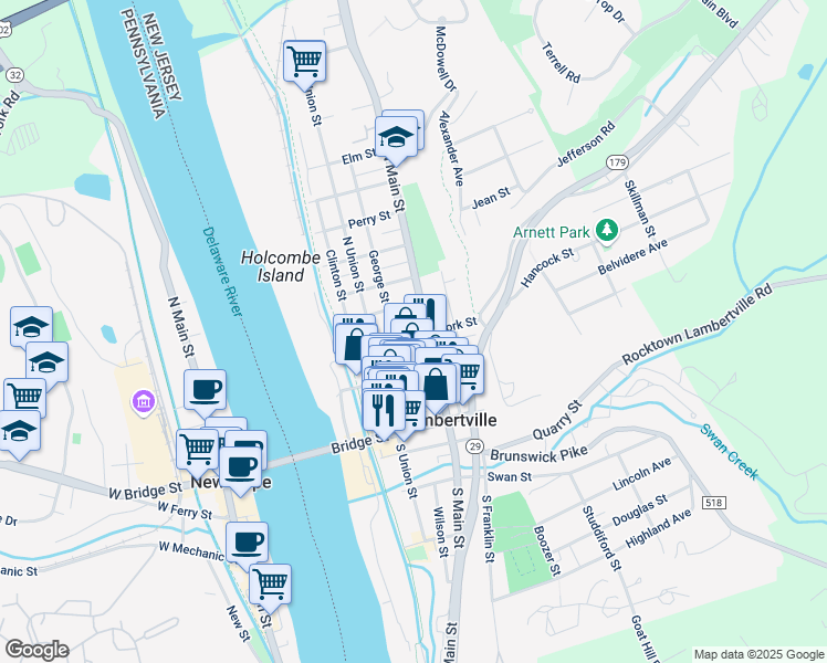 map of restaurants, bars, coffee shops, grocery stores, and more near 46 York Street in Lambertville