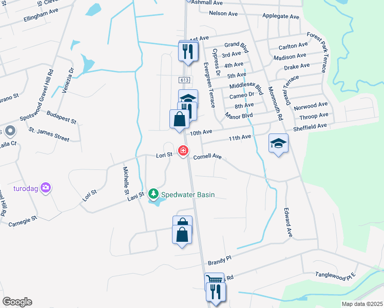 map of restaurants, bars, coffee shops, grocery stores, and more near 1 Cornell Avenue in Monroe Township