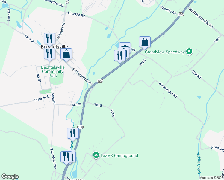 map of restaurants, bars, coffee shops, grocery stores, and more near 20 Bauer Lane in Bechtelsville