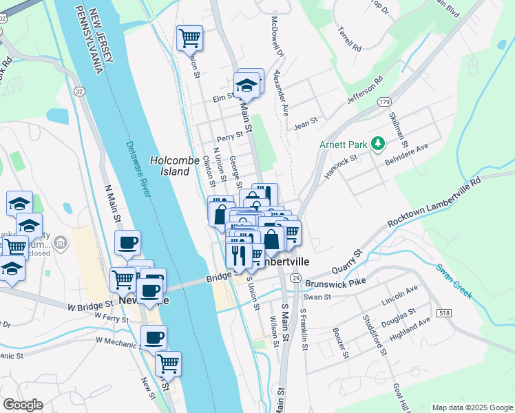 map of restaurants, bars, coffee shops, grocery stores, and more near 54 George Street in Lambertville