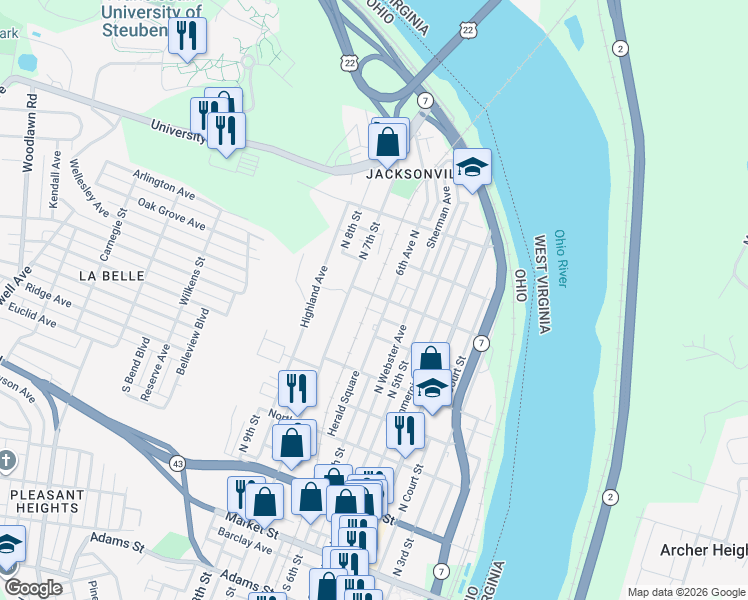 map of restaurants, bars, coffee shops, grocery stores, and more near 613 6th Avenue North in Steubenville