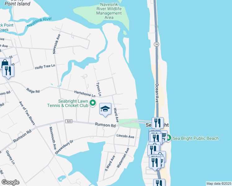 map of restaurants, bars, coffee shops, grocery stores, and more near 23 North Ward Avenue in Rumson