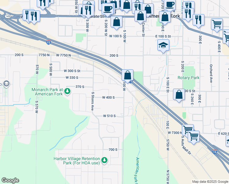 map of restaurants, bars, coffee shops, grocery stores, and more near 386 South Storrs Avenue in American Fork