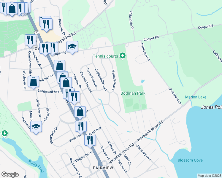map of restaurants, bars, coffee shops, grocery stores, and more near 54 Maida Terrace in Red Bank
