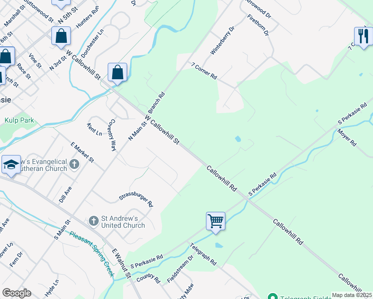 map of restaurants, bars, coffee shops, grocery stores, and more near 545 East Callowhill Street in Perkasie