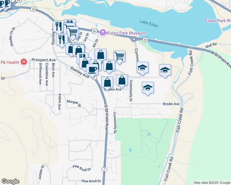map of restaurants, bars, coffee shops, grocery stores, and more near 1221 Graves Avenue in Estes Park