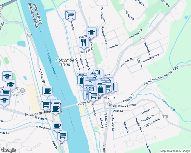 map of restaurants, bars, coffee shops, grocery stores, and more near 51 Delevan Street in Lambertville