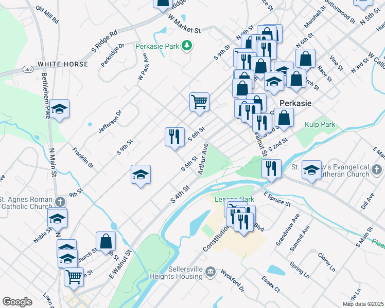 map of restaurants, bars, coffee shops, grocery stores, and more near 411 South 6th Street in Perkasie