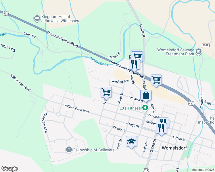 map of restaurants, bars, coffee shops, grocery stores, and more near 264 North 6th Street in Womelsdorf