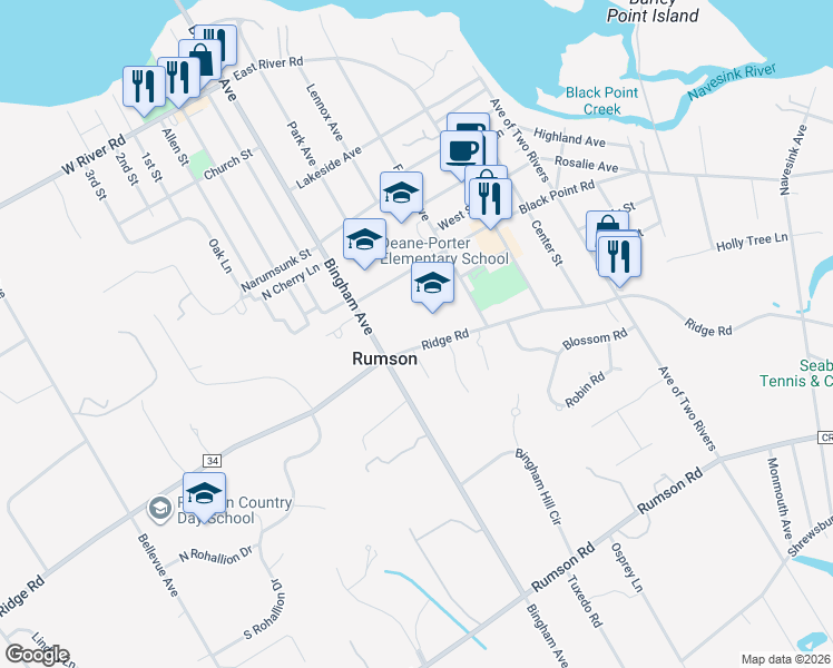 map of restaurants, bars, coffee shops, grocery stores, and more near 74 Ridge Road in Rumson