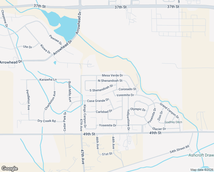 map of restaurants, bars, coffee shops, grocery stores, and more near 4505 North Shenandoah Street in Greeley