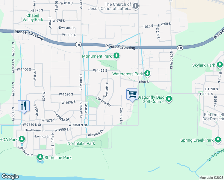 map of restaurants, bars, coffee shops, grocery stores, and more near 1515 Spring Creek Drive West in Lehi
