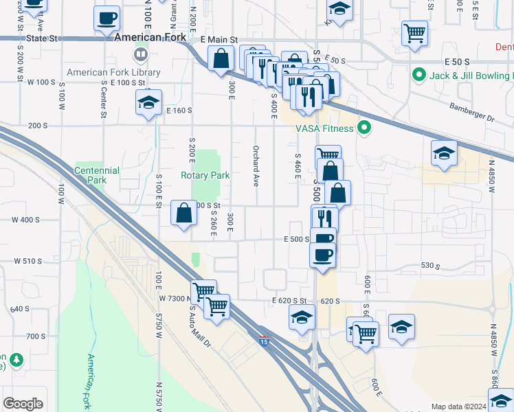 map of restaurants, bars, coffee shops, grocery stores, and more near 351 East 400 South Street in American Fork