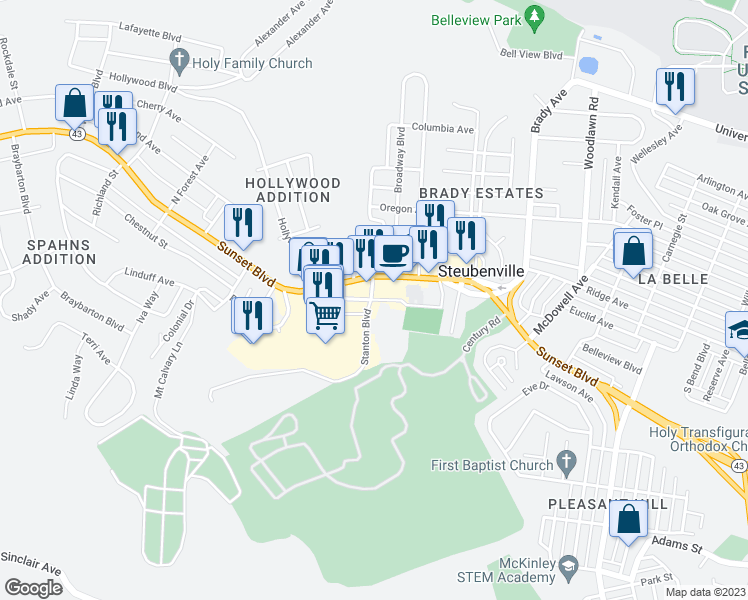 map of restaurants, bars, coffee shops, grocery stores, and more near 100 Stanton Boulevard in Steubenville