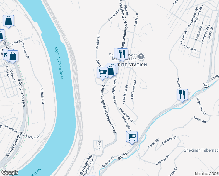map of restaurants, bars, coffee shops, grocery stores, and more near 510 East Pittsburgh McKeesport Boulevard in North Versailles