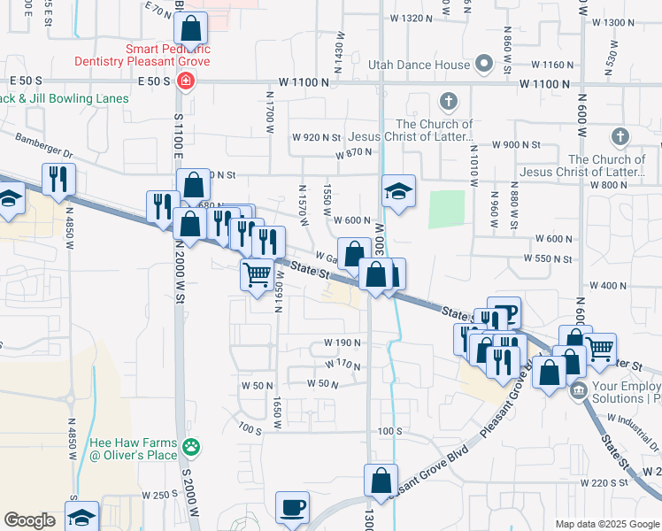 map of restaurants, bars, coffee shops, grocery stores, and more near 1392 West State Street in Pleasant Grove