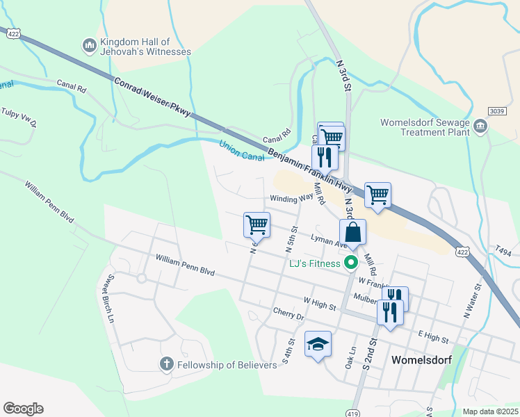 map of restaurants, bars, coffee shops, grocery stores, and more near 264 North 6th Street in Womelsdorf
