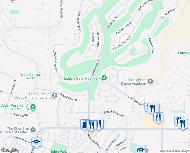 map of restaurants, bars, coffee shops, grocery stores, and more near 3557 Royal Dornoch Drive in Eagle Mountain
