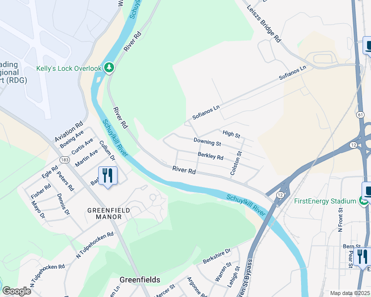 map of restaurants, bars, coffee shops, grocery stores, and more near 2431 Berkley Road in Reading