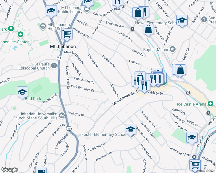 map of restaurants, bars, coffee shops, grocery stores, and more near 364 Orchard Dr in Mt Lebanon